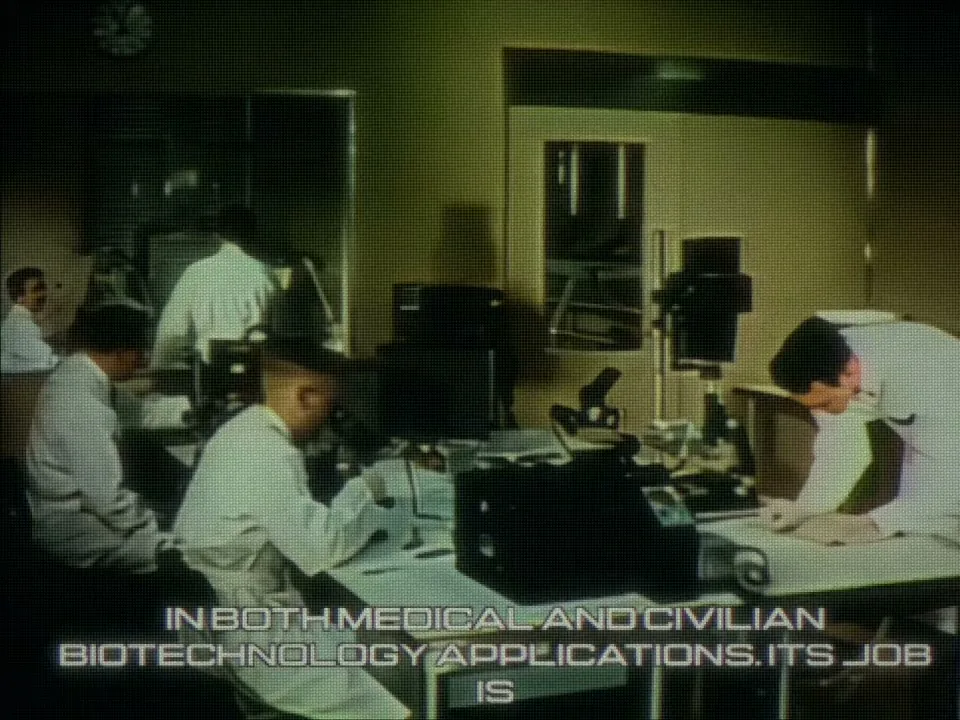 Workers gathered in a retro laboratory